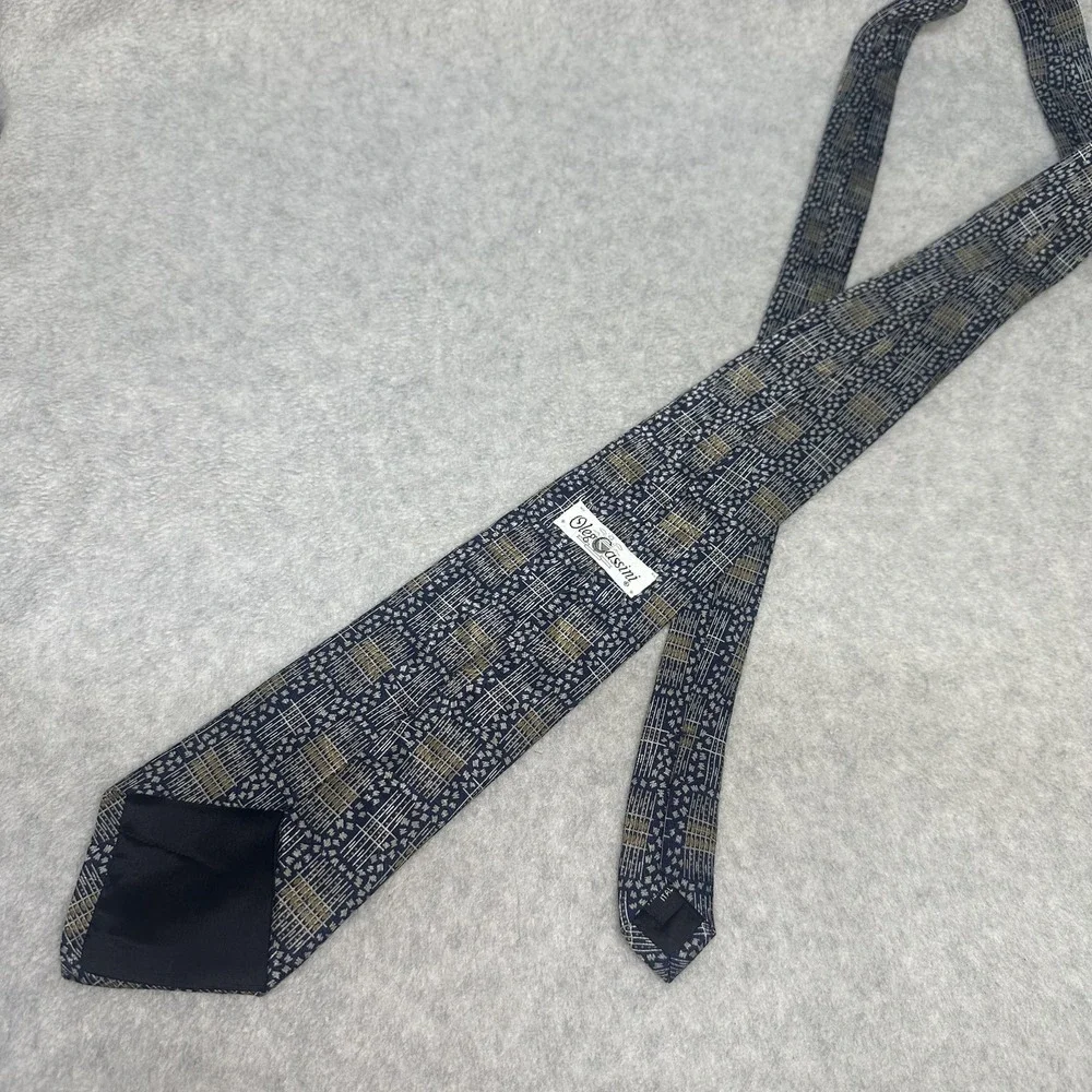 Oleg Cassini Tie Mens‎ One Size Navy Gold Geometric Italian Fabric Made in USA